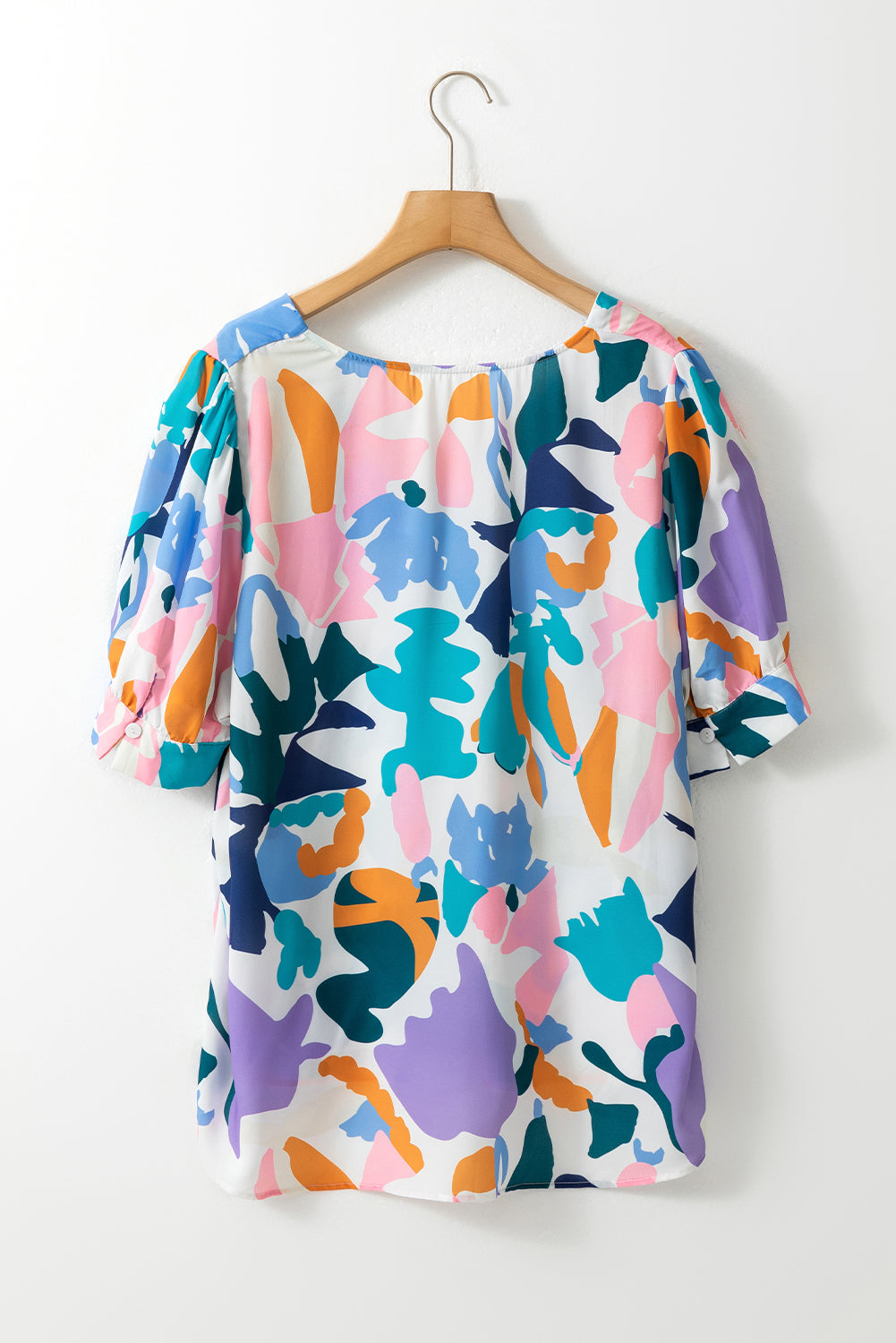 Sky Blue Plus Abstract Print Puff Short Sleeve V Neck Top