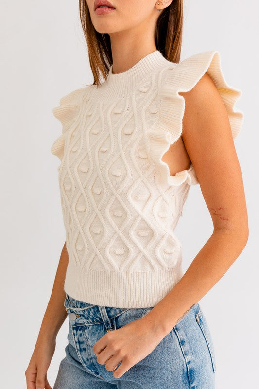 Mock Neck Ruffle Sleeve Cable Tank