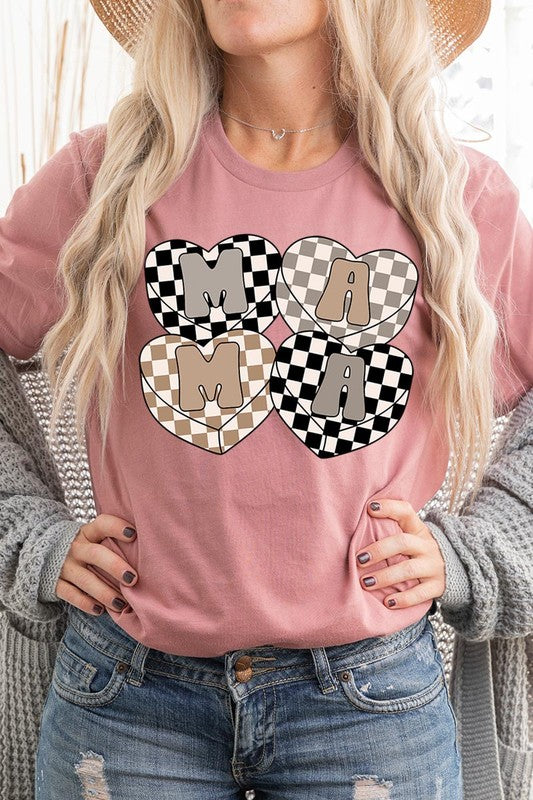 Mama Hearts Checker Graphic T Shirts