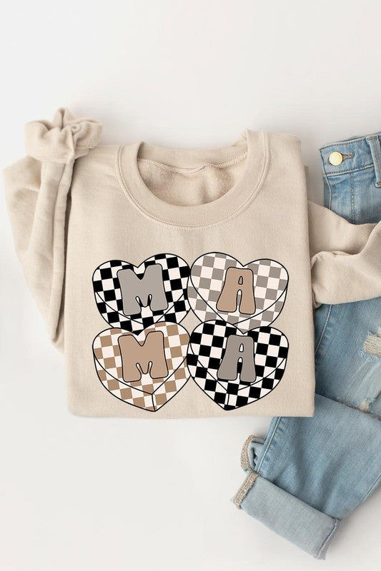 Mama Hearts Checker Graphic Fleece Sweatshirts