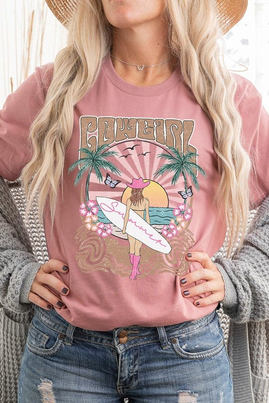 Western Cowgirl Surfer Beach Graphic T Shirts