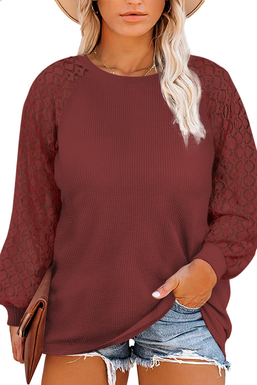 Red Plus Size Contrast Lace Sleeve Waffle Knit Top