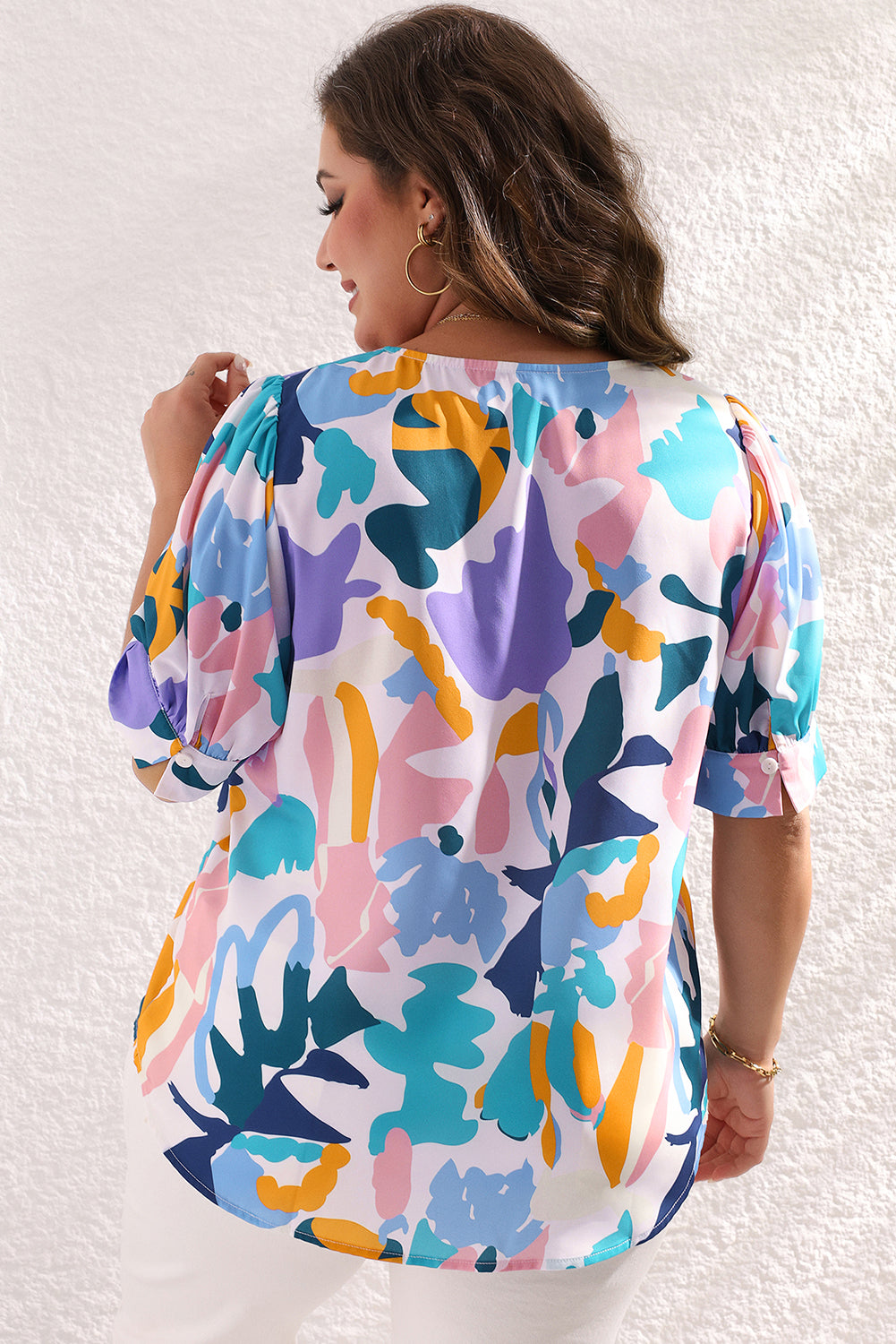 Sky Blue Plus Abstract Print Puff Short Sleeve V Neck Top